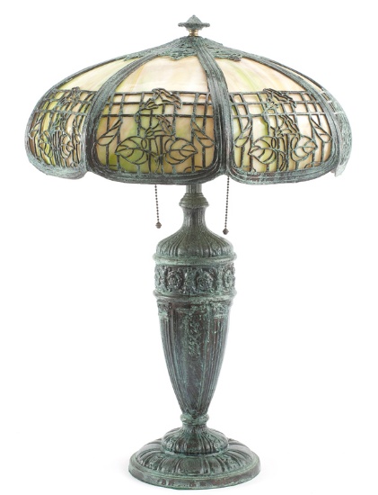 Antique Bent Panel, stained glass Table Lamp, circa 1920-1930, attributed to Pittsburg Lamp Co. Exce