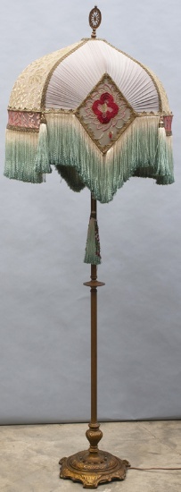 Antique, brass and iron Floor Lamp, circa 1920s, with beautiful, custom handmade silk shade, lamp me