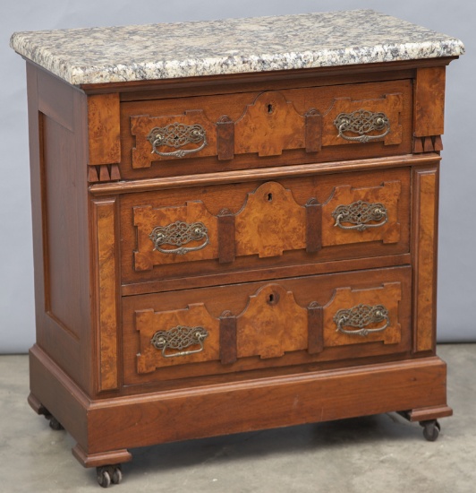 Early Victorian Walnut, three drawered, polished marble top, Ladies Chest, circa 1870, with ornate b