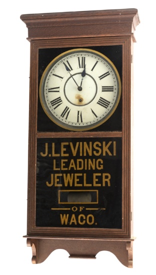 Rare and historical oak case Jewelers Regulator Clock, originally from Waco's most prominent early j