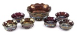Beautiful cobalt Carnival Glass Berry Set, signed with capital 