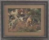 Original framed Lithograph, circa 1920s-1930s, unmarked of mother and her litter of pups.  Excellent