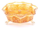 Very desirable Marigold Carnival Glass, ball footed Berry Bowl with embossed berries and butterflies
