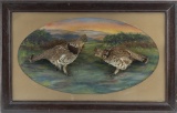 Outstanding antique, early framed taxidermy scene of a pair of large birds done by a master taxiderm