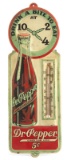 Embossed antique Tin Advertising Thermometer for 5 cent Dr. Peppers with slogan at top 