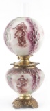 Early Victorian Gone With the Wind Lamp with beautiful embossed shade and matching base, manufacture