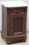 Early Victorian Walnut, marble top, single door Night Stand, circa 1970s with carved corners and flo