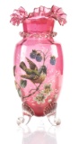 Early Cranberry Footed Vase, possibly Moser, with beautiful Coralline overlay and fluted top, 11
