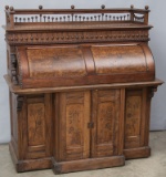 Antique Victorian burl walnut, barrel roll Cylinder Desk with stick & ball bookcase gallery top, 10