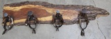 Wooden Bunk House hanging Spur Rack, cowboy made from mesquite and four iron saddle horns, 49