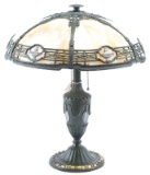 Antique bent panel Table Lamp, circa 1915-1920, signed 