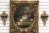 Fancy framed Oil on Canvas Fruit Painting, actual frame size is 32