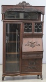 Beautiful antique oak, curved glass, Side by Side Bookcase / Secretary with drop front desk and lead