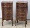Matched pair of walnut multi drawer Bedside Stands, circa 1930s.  Each stand has five carved front s