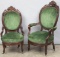 Matched pair of antique Victorian Ladies and Gentleman's Chairs. The ladies chair has beautifully ca