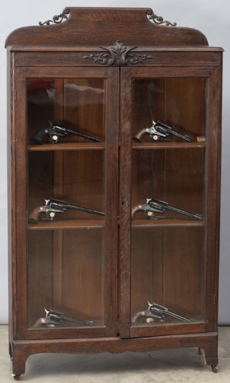 Fancy antique oak, double door Bookcase, circa 1900, with adjustable shelves, carved crest on front