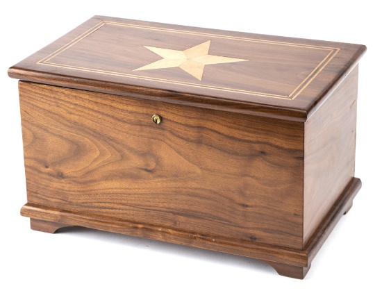 Beautiful walnut hand made, inlaid Chest, very desirable size, 5-point star inlaid on top, high qual