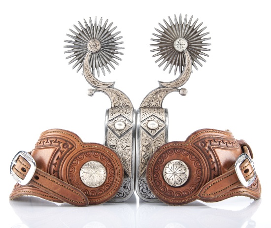 Pair of fine hand engraved, silver mounted Spurs by noted West Bountiful, Utah Bit and Spur Makers L