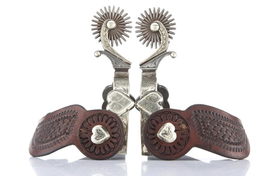 Fantastic pair of double mounted, hand engraved Spurs by noted West Bountiful, Utah Bit and Spur Mak