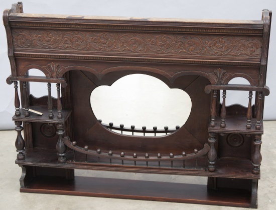 Ornate Victorian Walnut, stick and ball Hanging Wall Shelf, circa 1890-1910, has several curio shelv