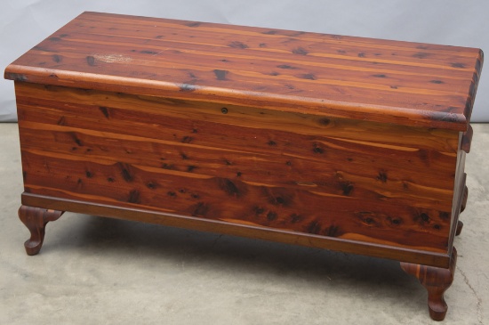 Solid Cedar Chest, circa 1940s, on Queen Anne footed base, made by "ACME Chest, Niles, Michigan", or