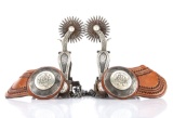 Very unusual pair of beautifully engraved double mounted Spurs by noted West Bountiful, Utah Bit and