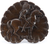 Unusual antique oak carved Wall Plaque of Indian Chief on Horse back with rifle, circa 1900-1910, ve