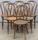 Set of six antique, oak Bentwood Dining Chairs with round bottoms, circa 1910-1920, as is estate con