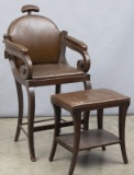 Early Barber / Dental Chair with Stool, appears to be oak, adjustable back, held by chains, the type
