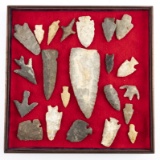 Wooden display case with approximately 20 Arrowheads and Flint, mostly found in the Hamilton, Coryel