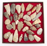 Wooden Tray containing approximately 33 Arrowheads and Flint, mostly found in the Hamilton, Coryell