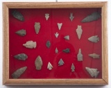 Wooden glass front Case containing approximately 20 Arrowheads and Flint, mostly found in the Hamilt