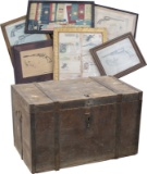 Early hand made Texas Long Leaf Pine Immigrants Chest and contents, circa 1890-1900, with banded iro