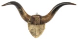 Pair of early bunkhouse made Steer horn Hat Rack with rawhide wrapped board, nice aged patina, 21