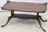 Fancy, nicely carved claw foot, mahogany Coffee Table, circa 1930s, with pie crust carved corners, a