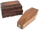 Two custom made Boxes: One is heavily carved with hinged lid, measures 12 1/2