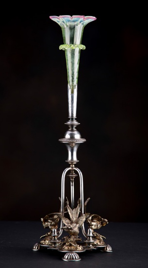 Antique Victorian silver Epergne with 7" tripod footed base decorated with three full bodied birds,