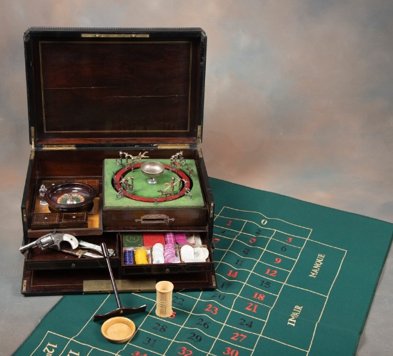 Incredible Cased Antique, Traveling Gambling Box, circa 1920s. Rosewood Case with brass and Mother o
