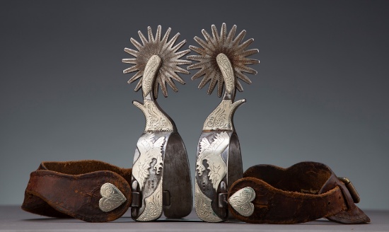 Fine pair of double mounted Spurs by noted Stinnett, Texas Bit and Spur Maker Kevin Burns, with silv