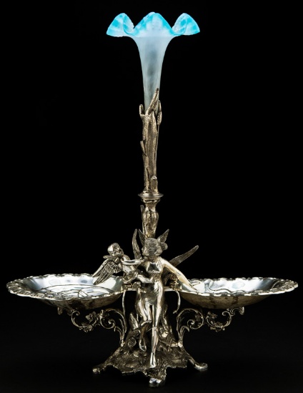 Beautiful antique, heavily silver plated, ornate two-piece Epergne, circa 1890-1910, with 6" footed