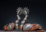 Showy pair of double mounted Spurs by Panhandle, Texas Bit and Spur Maker David Hunt, #082, silver o