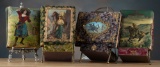Group of four antique Photo Albums with cowboys and cowgirls on front, three of which have folding d