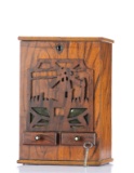 Antique oak, one cent coin operated Match Dispenser, dispenses small match boxes, see thru front wit