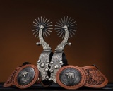 Fantastic pair of double mounted, hand engraved, silver overlay Spurs by noted West Bountiful, Utah