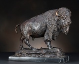 Bronze Buffalo Bull on marble base, marked 