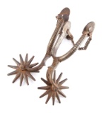 Pair of early Mexican Spurs, late 1800s, double mounted with silver inlay, heavy drop shanks, 3 5/8