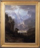 Beautiful framed Canvas Transfer, scene of a deep valley in the Rocky mountains, a breathtaking view
