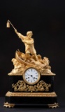 Fine antique Dore Bronze and marble Mantle Clock, porcelain dial marked 
