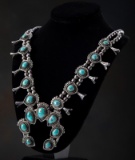 Silver & Turquoise Squash Blossom with silver Navajo Pearl Necklace, ten tulips inlaid with turquois