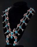 Silver, Turquoise and Coral Squash Blossom with 12 tulips inlaid with turquoise and coral stones, Na